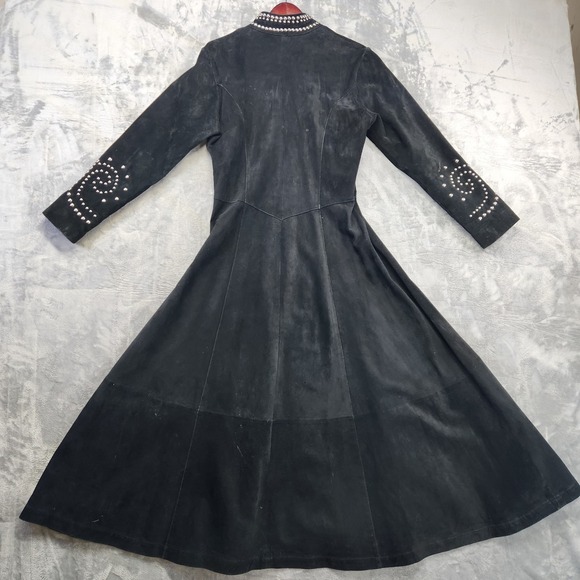 Vintage Arella Studded Suede Western‎ Duster Coat Dress Women's L Black Leather - Picture 3 of 12